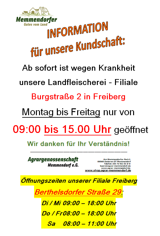Geänderte Öffnungszeiten Landfleischerei Laden Freiberg 1
