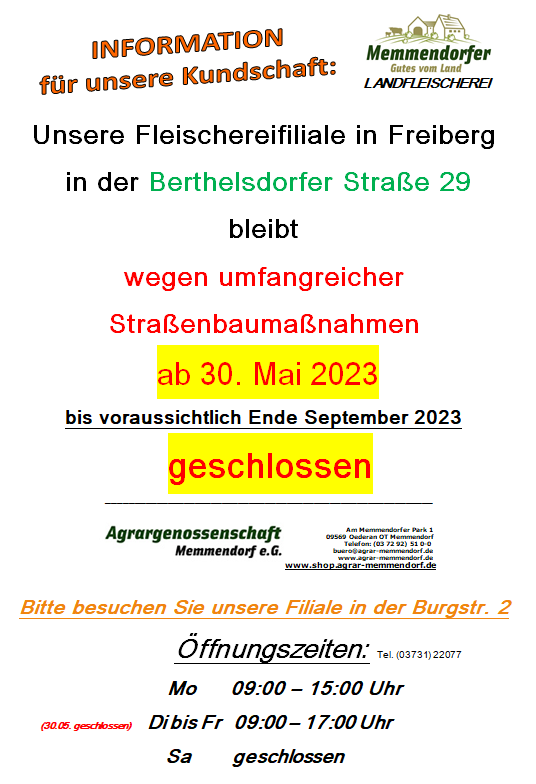 Achtung! Filiale Freiberg 2 vorübergehend geschlossen Achtung! Filiale Freiberg 2 vorübergehend geschlossen