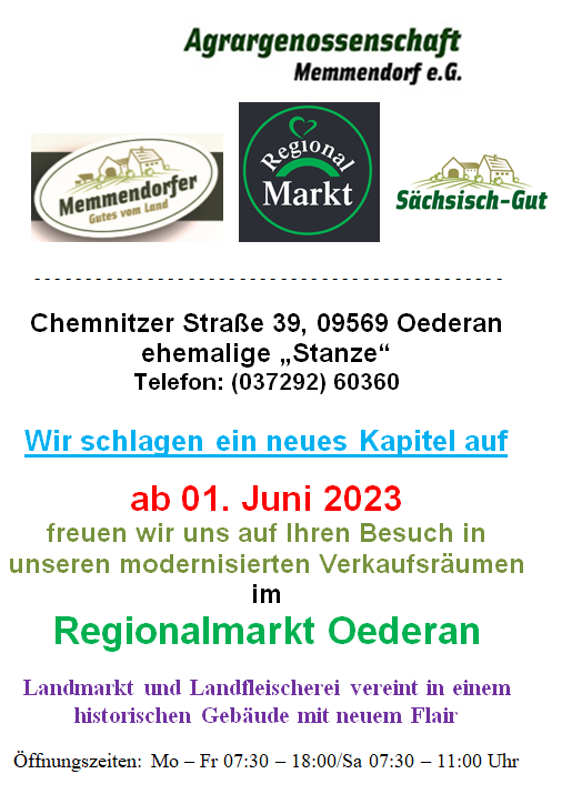 Regionalmarkt Oederan öffnet seine Türen Regionalmarkt Oederan öffnet seine Türen